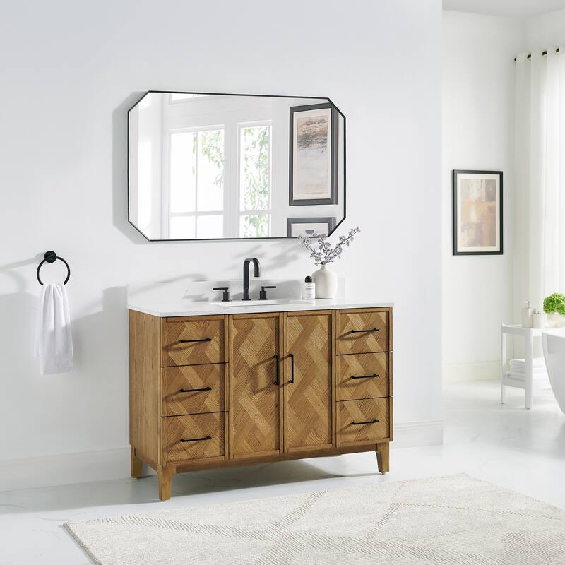 Clara Bathroom Vanity in Weathered Brown with Calacatta Truffle White Quartz Countertop No Mirror