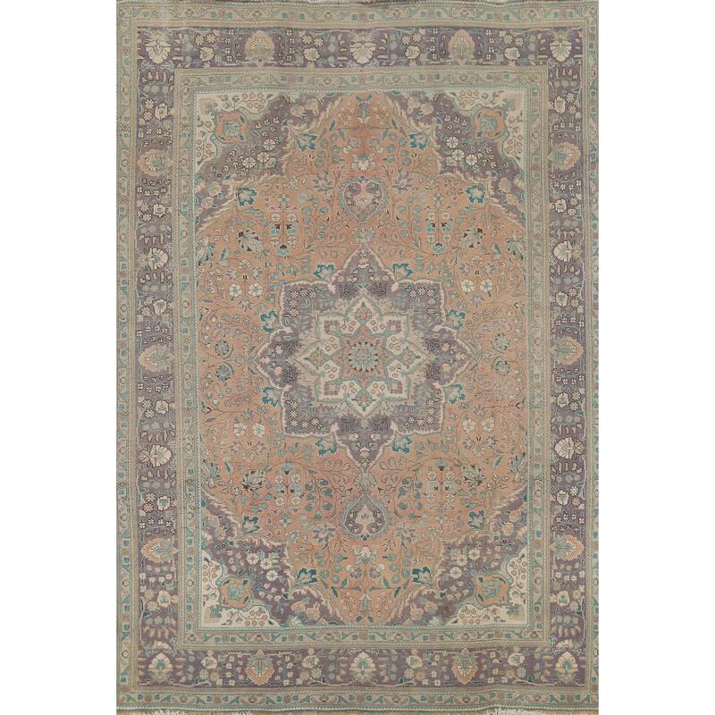 Distressed Tabriz Persian Vintage Rug Hand-Knotted Peach Wool Carpet - 7'10"x 10'8"