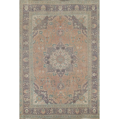 Distressed Tabriz Persian Vintage Rug Hand-Knotted Peach Wool Carpet - 7'10"x 10'8"