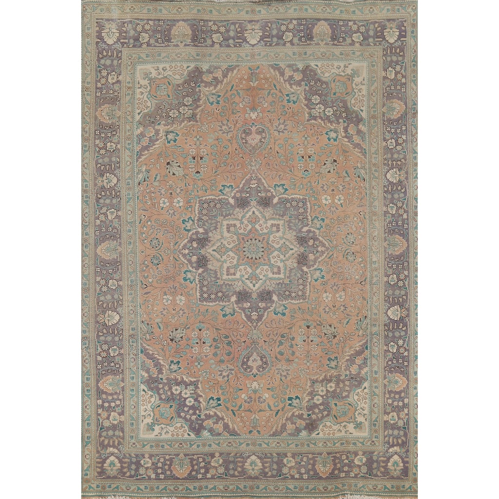 Distressed Tabriz Persian Vintage Rug Hand-Knotted Peach Wool Carpet - 7'10"x 10'8"