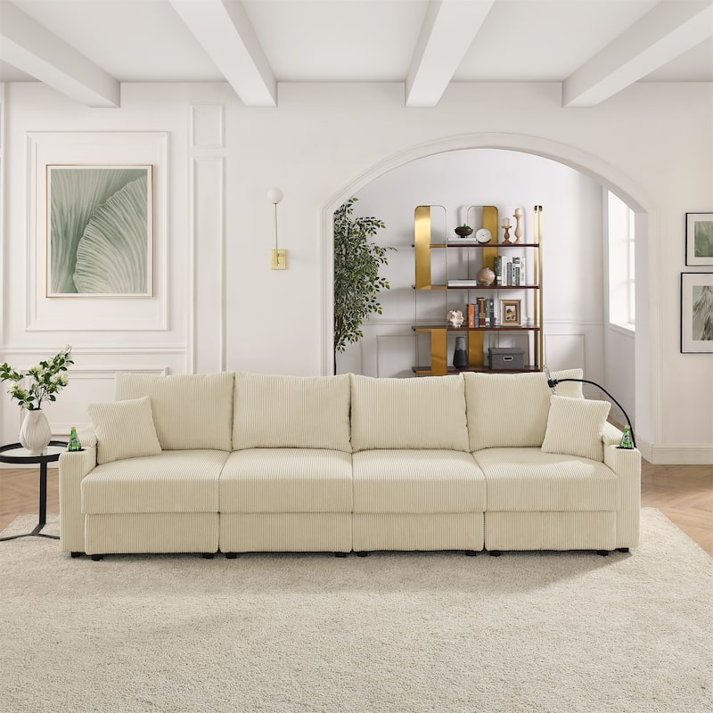132" Corduroy 5-Seater Sofa, Cup Holders, Phone Holder and Dense Cushions - Beige