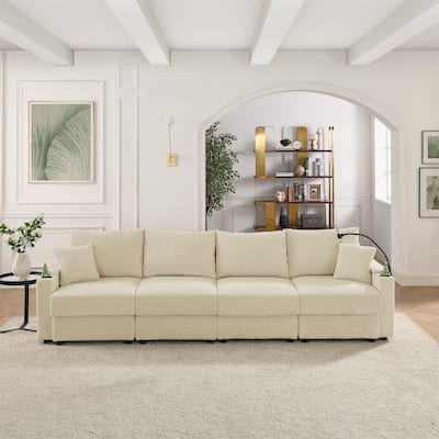132" Corduroy 5-Seater Sofa, Cup Holders, Phone Holder and Dense Cushions