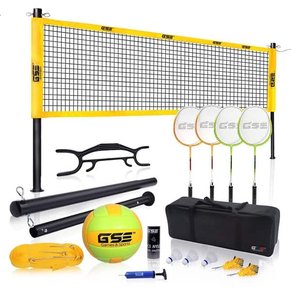 slide 1 of 1, GSE™ Professional Outdoor Portable Badminton/Volleyball Combo Set with Net, 4 Rackets & 3 Shuttlecocks, Volleyball Ball & Pump