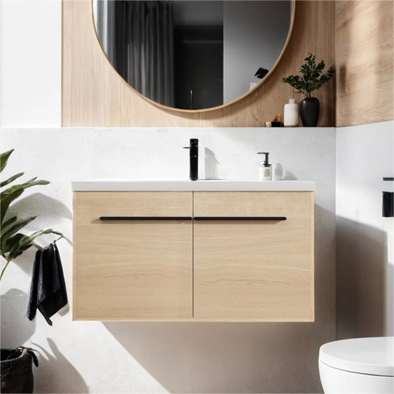 Wood Bathroom Vanity with Resin Sink and 2 Doors