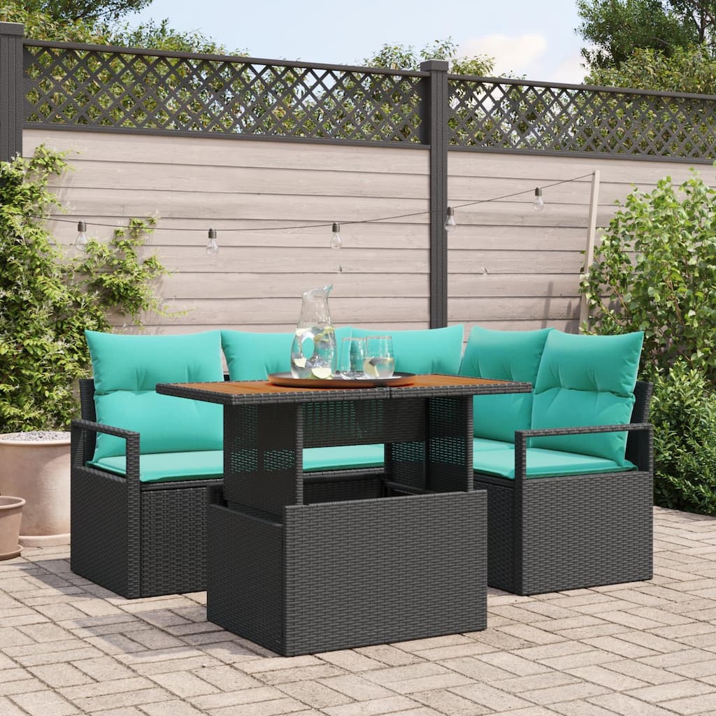 vidaXL 5 Piece Garden Sofa Set with Cushions Black Poly Rattan - 69.7×48×27.2