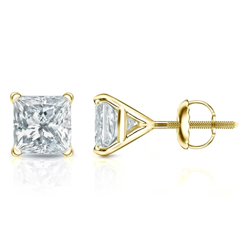 Auriya 14k Gold Lab Grown Princess Diamond Stud Earrings 0.50 to 5.00 ct. tw. 4-Prong Martini Screw-Back (F-G VS) - Yellow - 2.50 ct. tw.