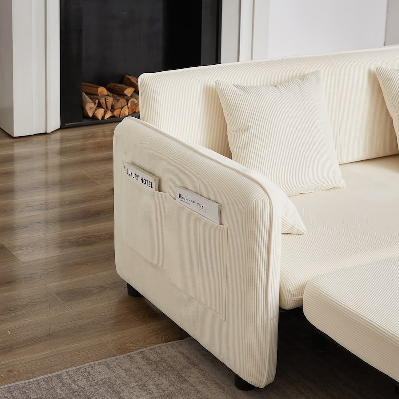 66 Inch Sleeper Sofa Bed with Pullout Bed 4 Pillows and Side Pockets Soft Corduroy Convertible Sleeper Sofa Bed