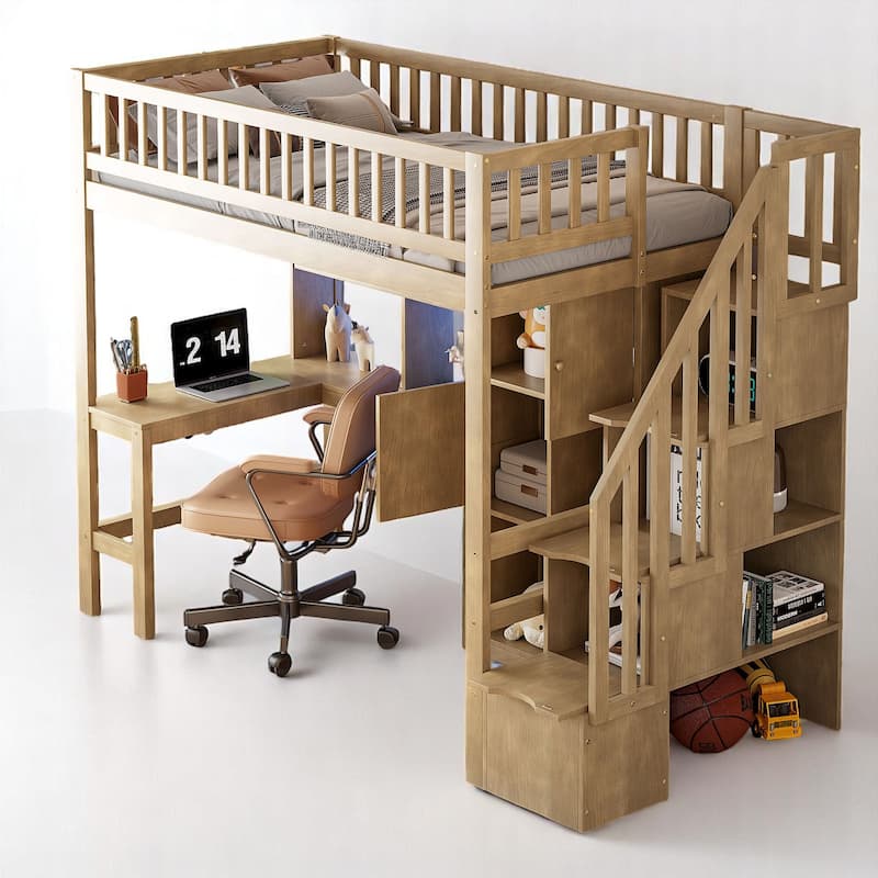 Wood Twin Loft Bed with Desk, 6 Cabinets, LED Strip, Shelves & Stair Storage - No Box Spring Needed