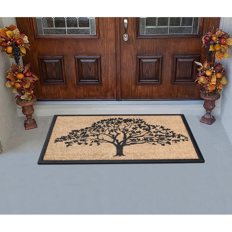 A1HC Flocked Hand-Crafted Rubber Coir Life of Tree Double Door Durable Doormat
