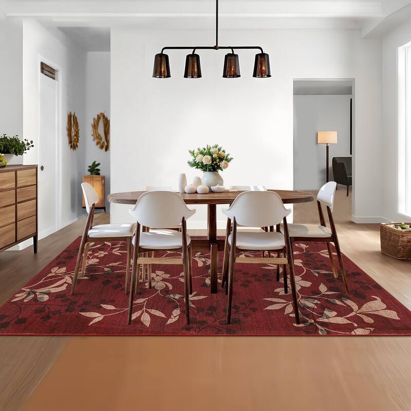 Modern Leaves Pattern Area Rug Botanical Print Washable Rugs for Living Room Bedroom Non-Slip Low Pile Floor Carpet