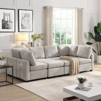 Grey 103" U-Shaped 6-Seat Sectional Sofa with Movable Ottomans, Plush Chenille Fabric, 3 USB Ports, and Versatile Seating