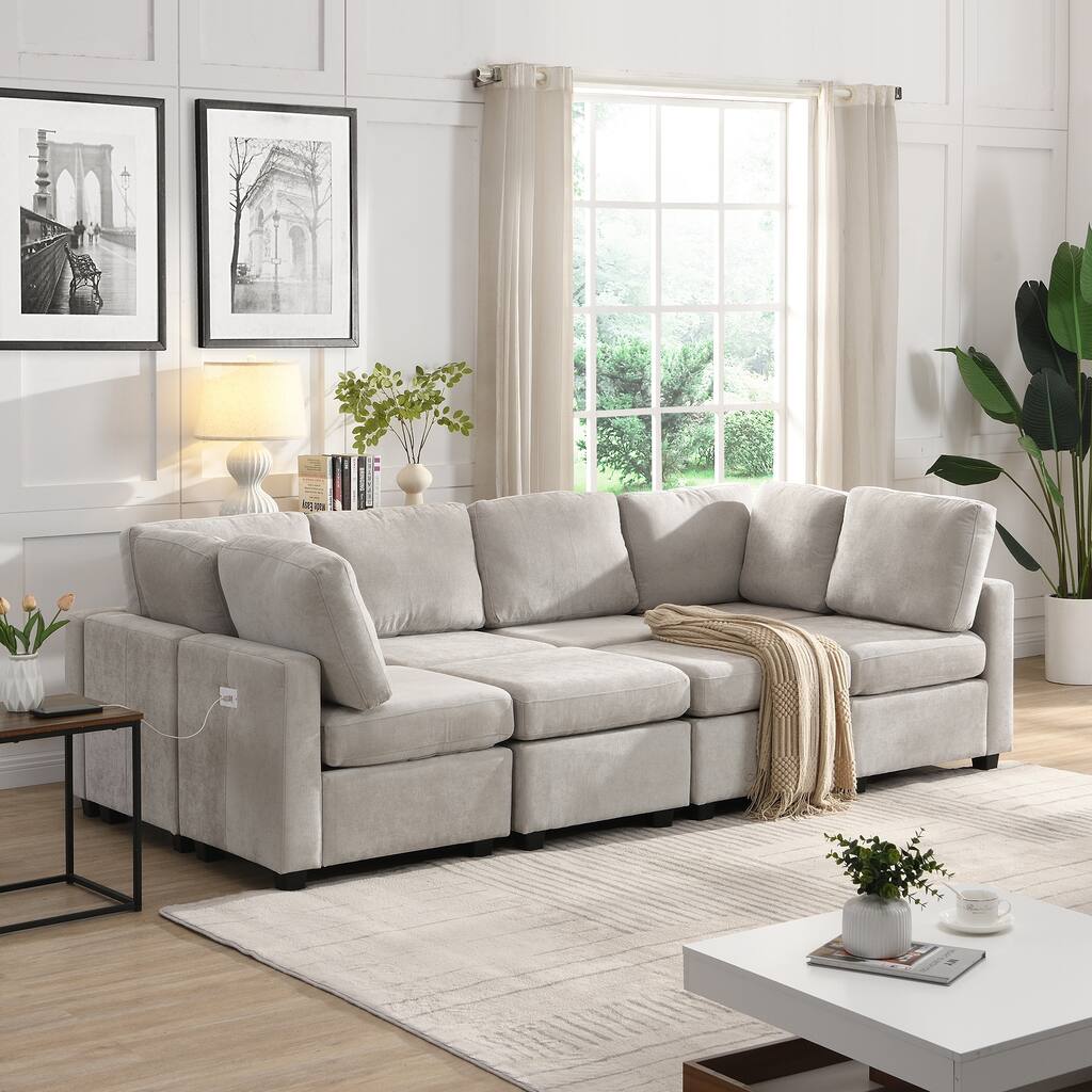 Grey 103" U-Shaped 6-Seat Sectional Sofa with Movable Ottomans, Plush Chenille Fabric, 3 USB Ports, and Versatile Seating