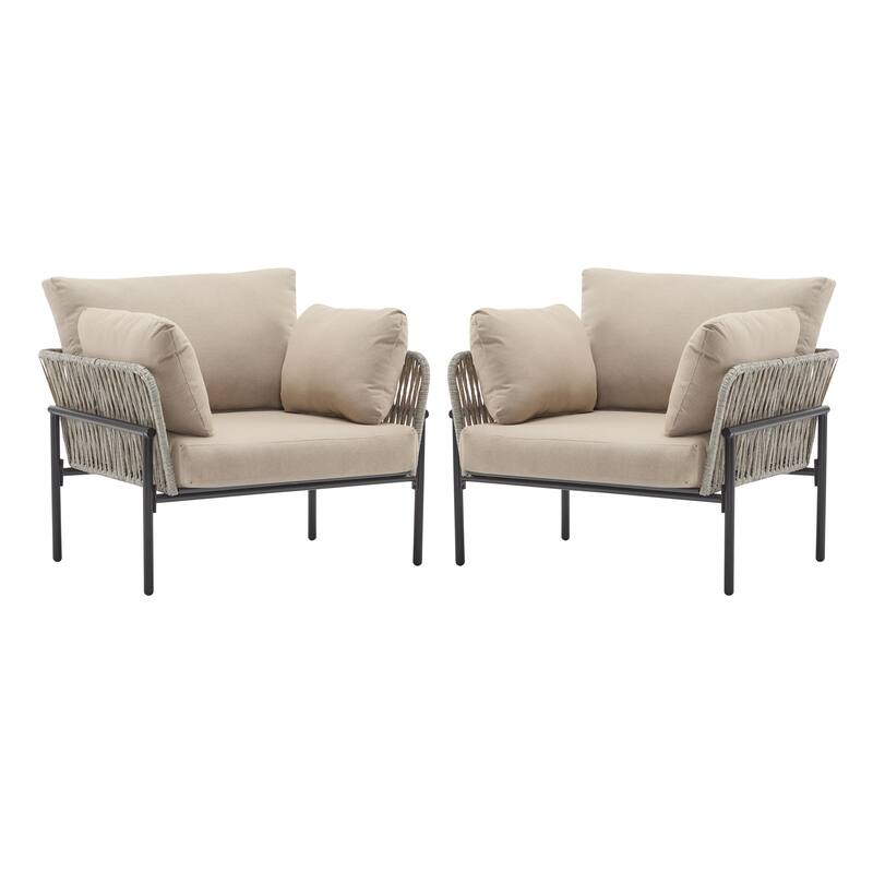 Iron Lounge Chair with Rope Weave and Plush Cushions - Beige+Grey