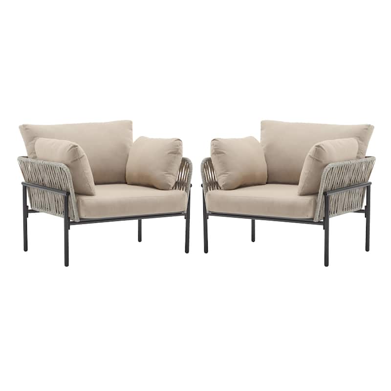 Roomfitters 36" Outdoor Lounge Chair with Rope Weave, Metal Frame and Beige Cushions, Modern Patio Armchair
