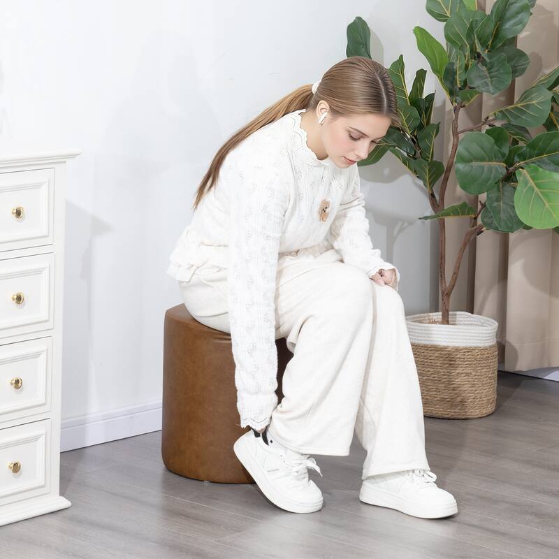 Adeco 15" Faux Leather Round Ottoman Upholstered Footrest Stool for Living Room