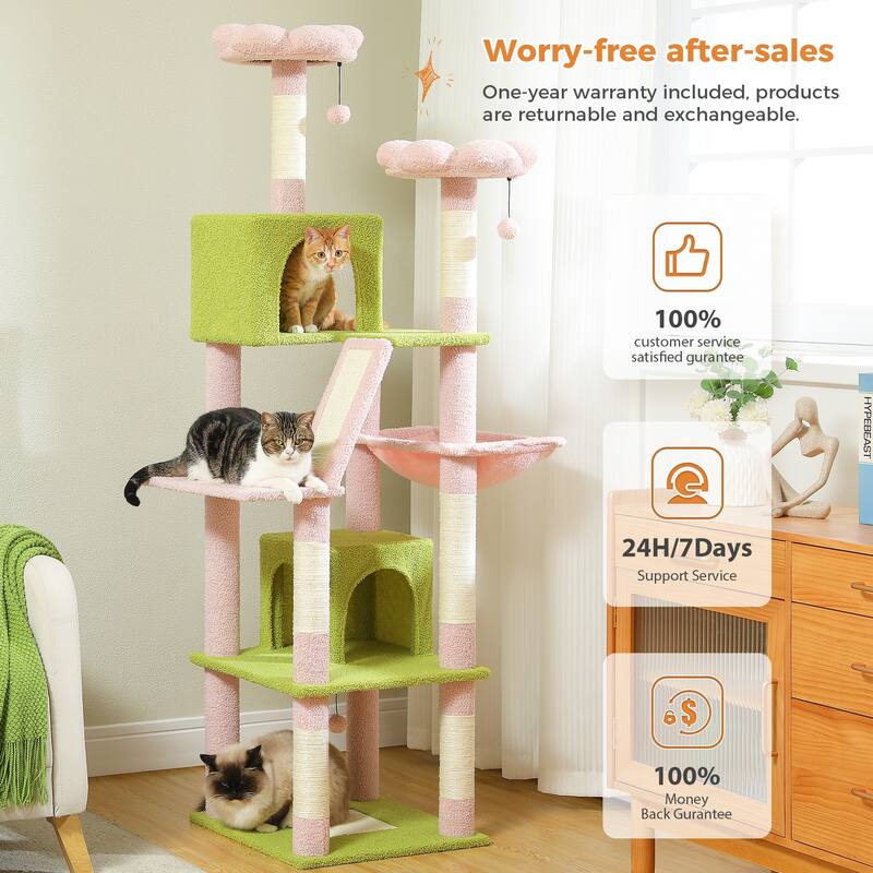 Multi-Level Indoor Large Cat Tree Scratching Post with 2 Perches, 2 Condos, Hammock and 2 Pompoms