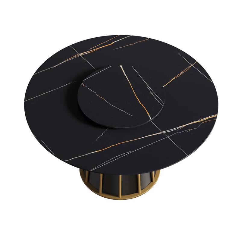 Round Metal Pedestal Dining Table Round Sintered Stone Table with Lazy Susan