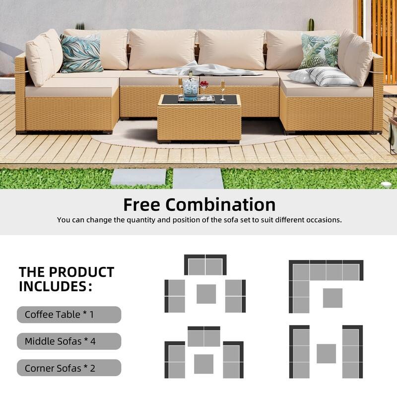 Patio Watcher 7-Piece Yellow Wicker Patio Conversation Set with Cushions