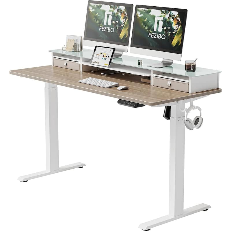 FEZIBO/Home Office Furniture/Wood/Standing Desk With Glass Top/Desks - 55" x 24" - Light Walnut