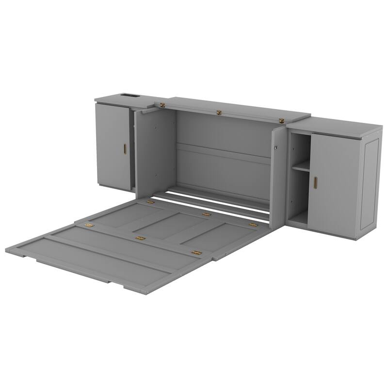 Full Size Multi-function Murphy Bed w/ USB Ports,Cabinets and Shelves