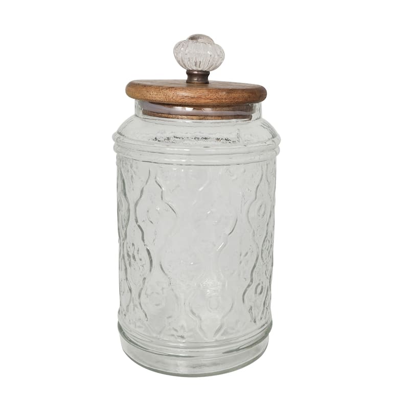Clear Glass Floral Living Room Decorative Jars with Brown Wooden Lids and Antique Style Knobs (Set of 2)