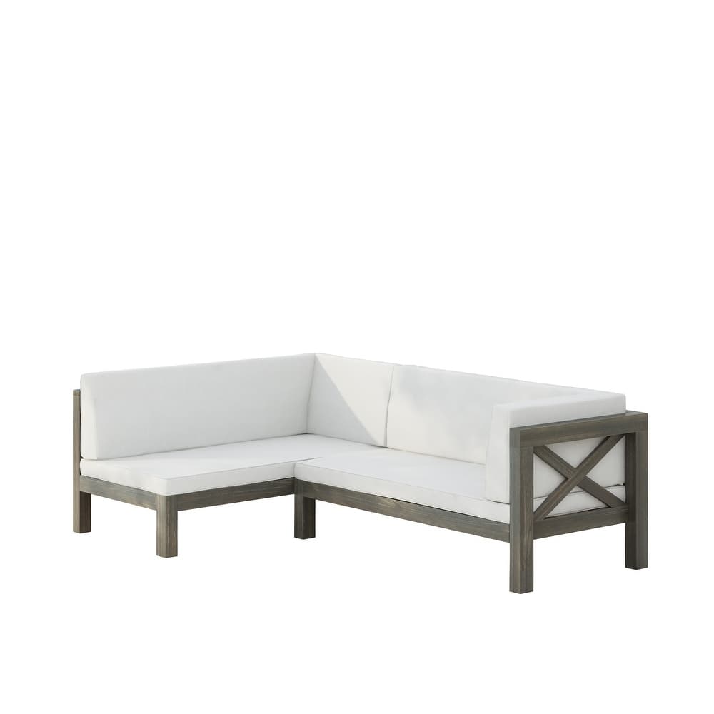 Roomfitters Outdoor Sectional Sofa Right Corner Bench with X-Back Acacia Wood Frame and Cushions