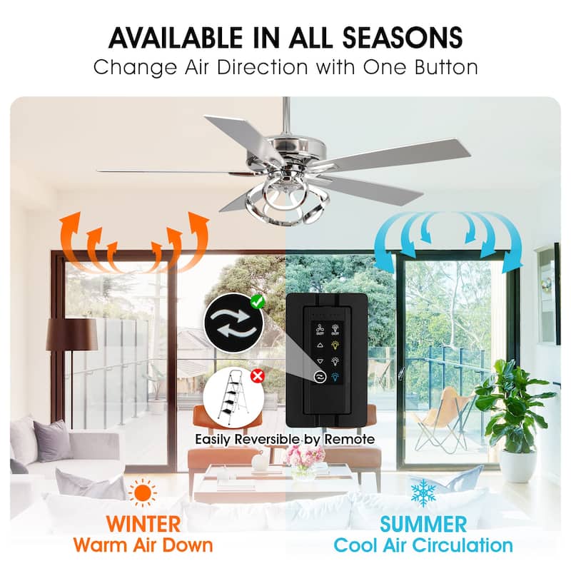 52" Modern Chrome/ Black Indoor Dimmable LED Ceiling Fan with Light and Remote
