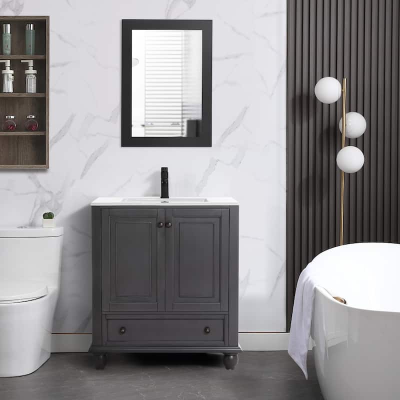 Retro Bathroom Vanity Cabinet Solid Wood Classic with Ceramic Sink - 30 in - Grey