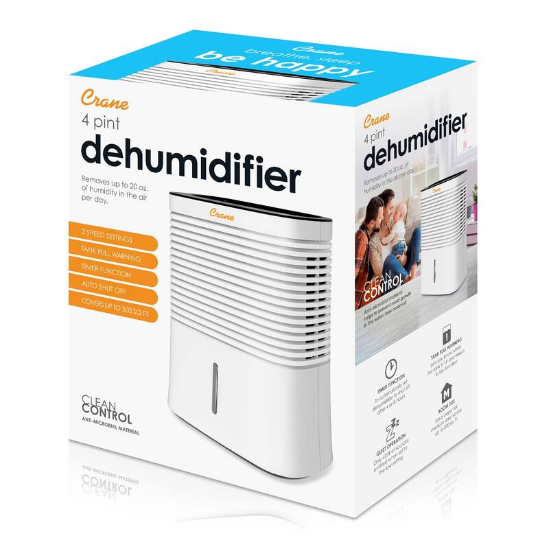 Crane 4 Pint Dehumidifier for Small to Medium Rooms up to 300 sq. ft. - 4 Pints