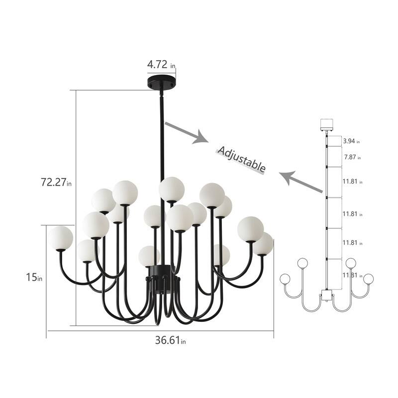 Sputnik Chandelier 16 Lights Black Mid Century Modern Ceiling Pendant Light with Glass Globe Shades - 36.6 in