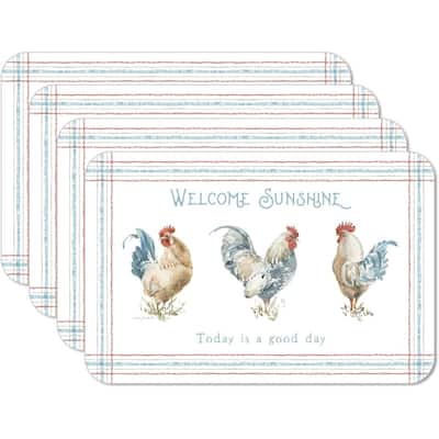 Countryside Roosters 4 Pack Reversible Easy Care Flexible Plastic Placemats Made in The USA BPA Free Easily Wipes Clean