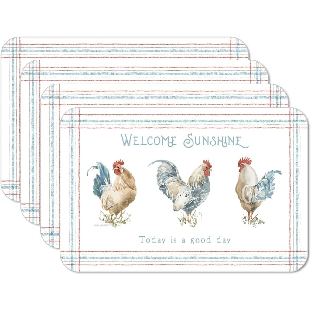 Countryside Roosters 4 Pack Reversible Easy Care Flexible Plastic Placemats Made in The USA BPA Free Easily Wipes Clean