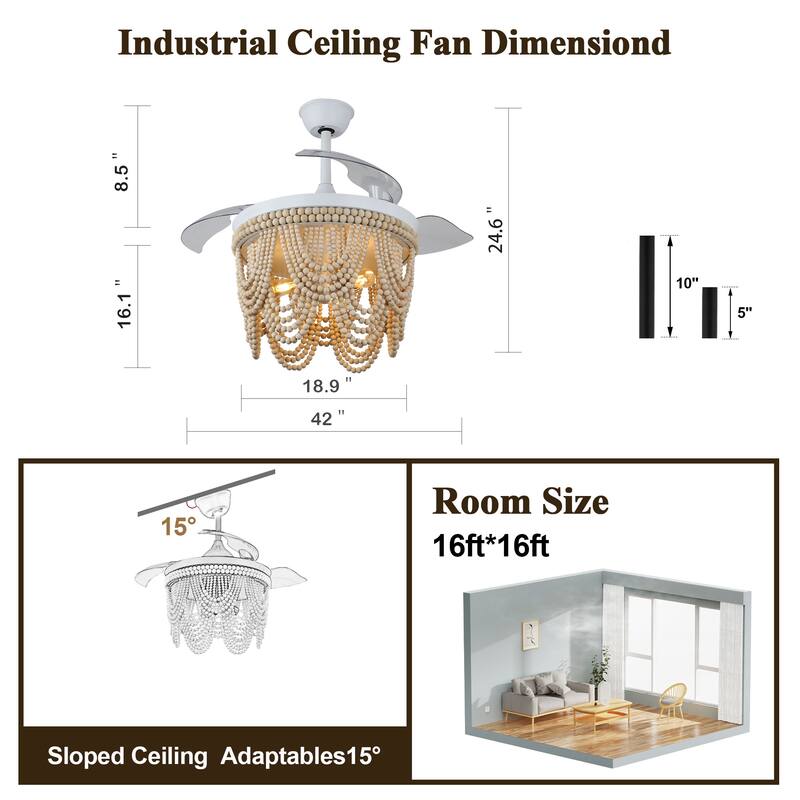 Bella Depot 42" Bohemian Retractable Ceiling Fan with Remote and Light 6-speed Modern Wood Chandelier