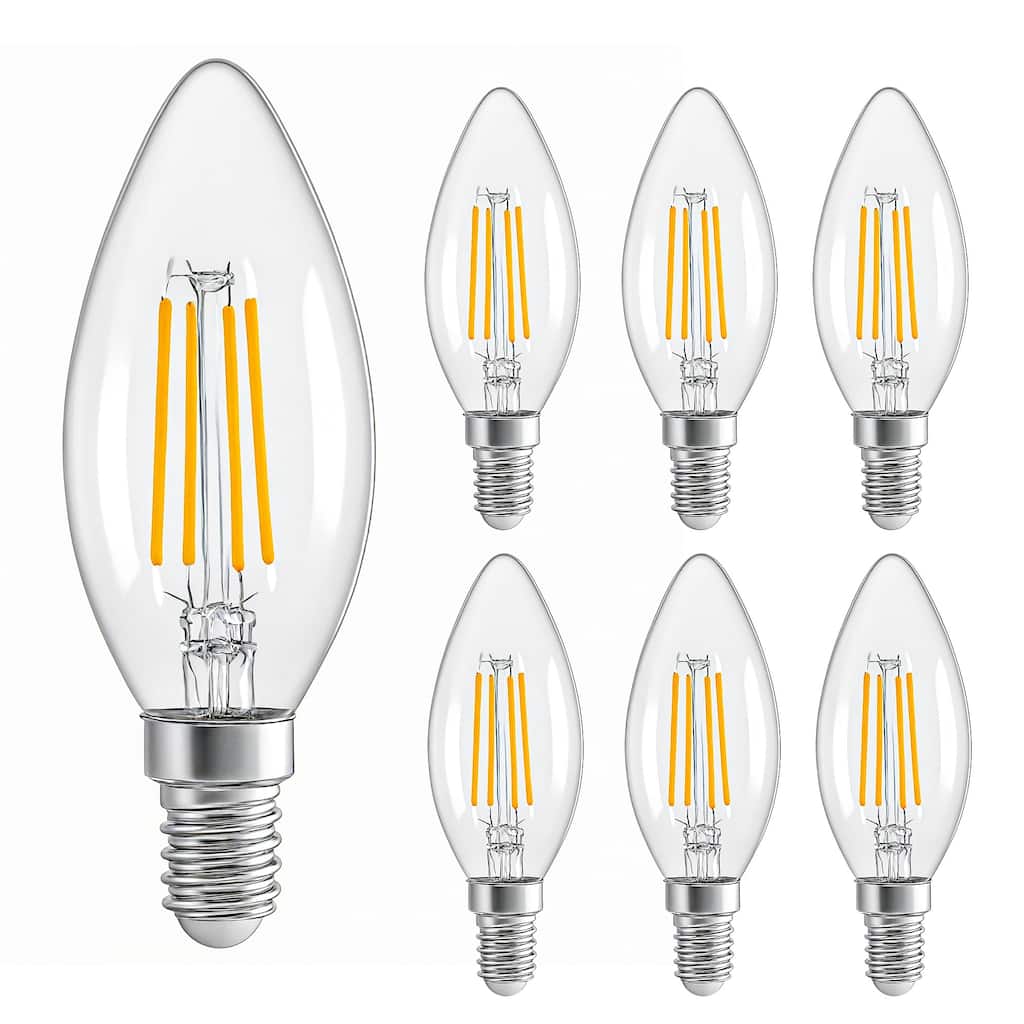 6-Pack E12 LED Candelabra Bulbs, 4W 2700K Warm White, 40W Equivalent, Clear Glass Filament Light Bulbs for Chandeliers - WHITE