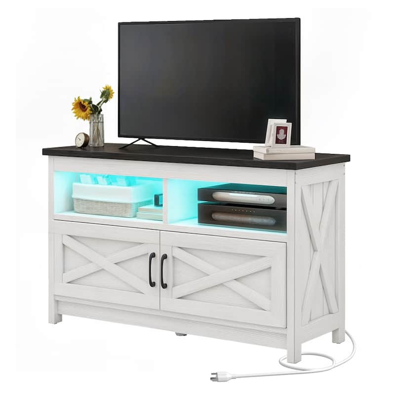 Farmhouse TV Stand for up to 65" TV with Doors and Open Shelves Media Console Power Outlet