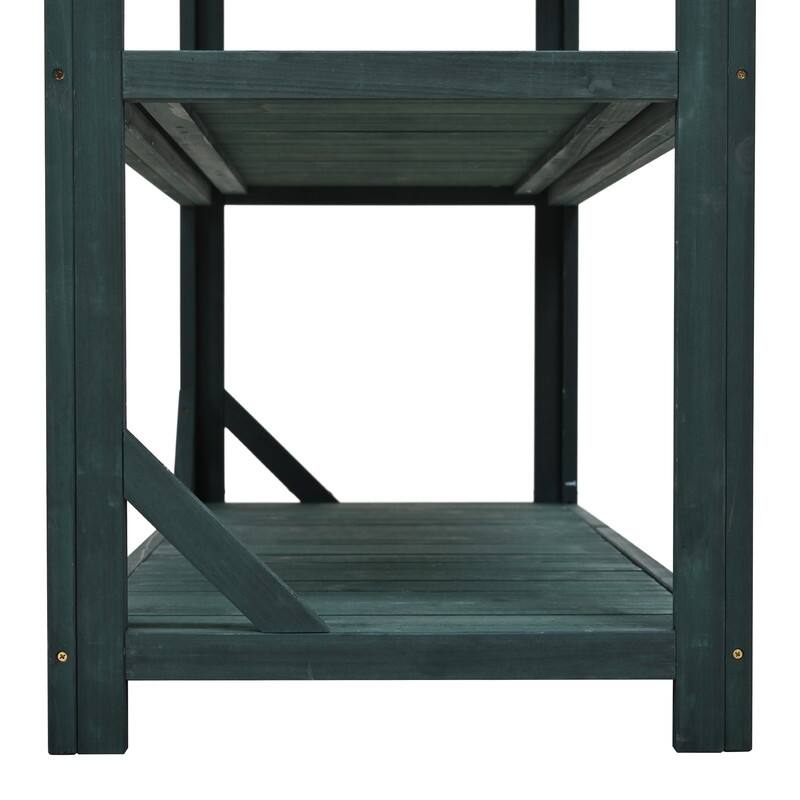 65" Large Wooden Farmhouse Rustic Outdoor Potting Bench Table, Patio Workstation with 4 Storage Shelves and Side Hook