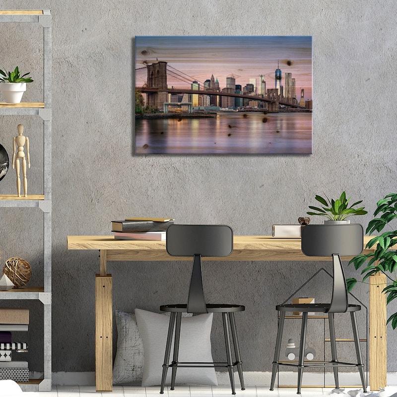 Brooklyn Bridge And Manhattan Skyline On A Winter Morning Print On Wood by Jan Becke - Multi-Color