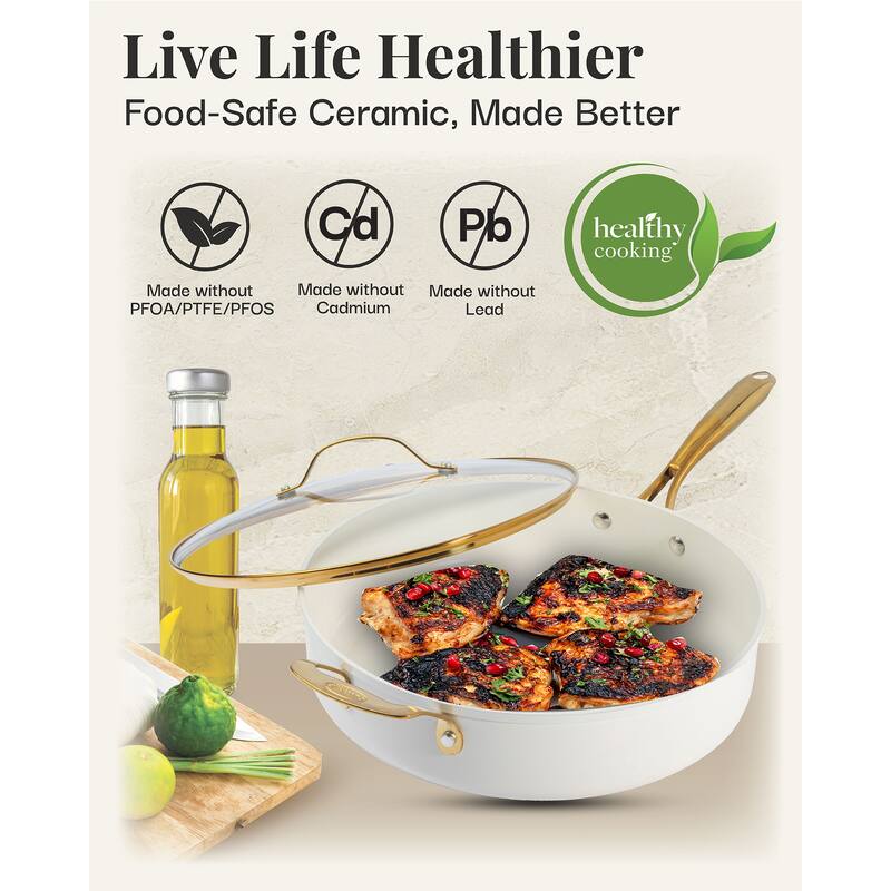 Gotham Steel Cream Ultra Nonstick Ceramic 5.5 Qt Jumbo Cooker Pan with Lid and Gold Handles