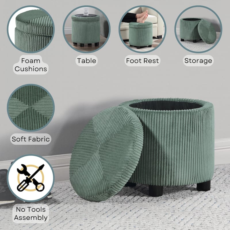 Convenience Concepts Designs4Comfort Round Corduroy Accent Storage Ottoman with Reversible Tray