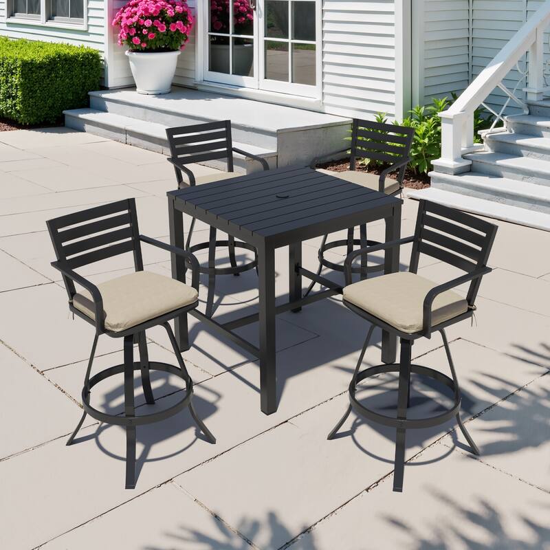 3/5-Piece Outdoor Bar Stool Set Aluminum Swivel Bar Stools with Sunbrella Cushion - Canvas Antique Beige - Set of 5