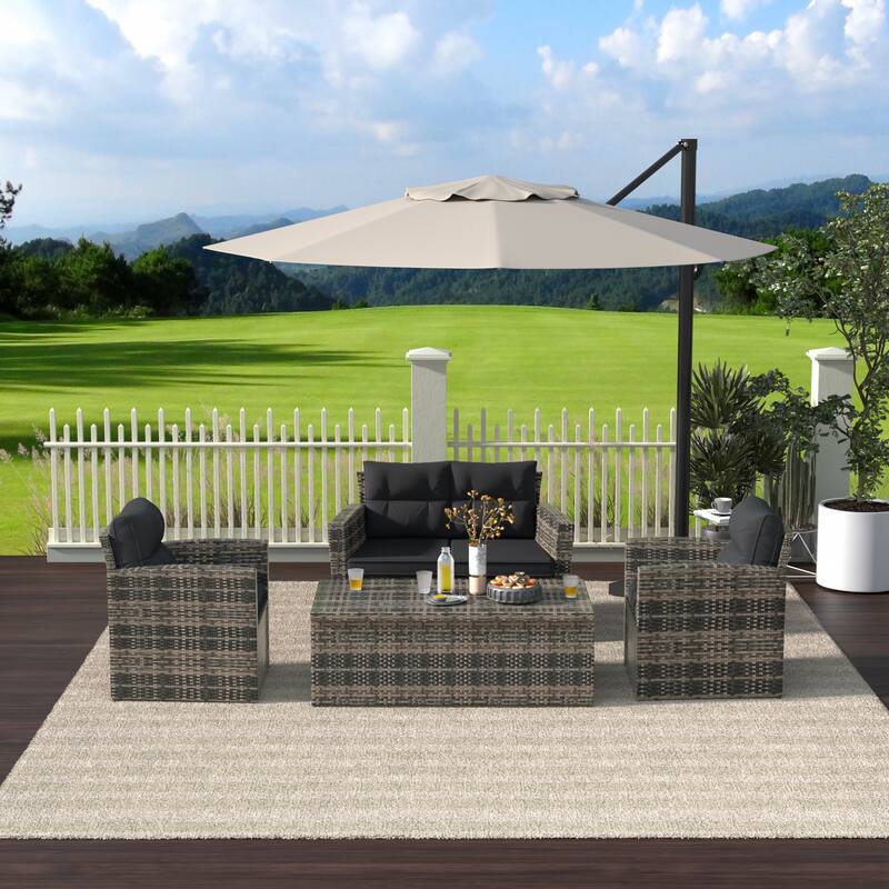 Cruz 4-Piece Outdoor Wicker Cushioned Patio Set and Storage Table - Grey