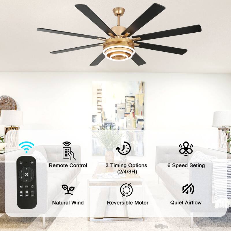 Bella Depot 72" Modern Large Ceiling Fan with Dimmable LED Light and Remote Control 6-Speed Reversible DIY Shade Chandelier