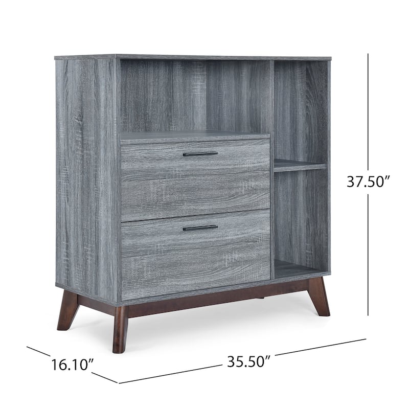 Side Cabinet, Open Square Shelves, 2 Drawer, 38 Inch Gray Faux Wood