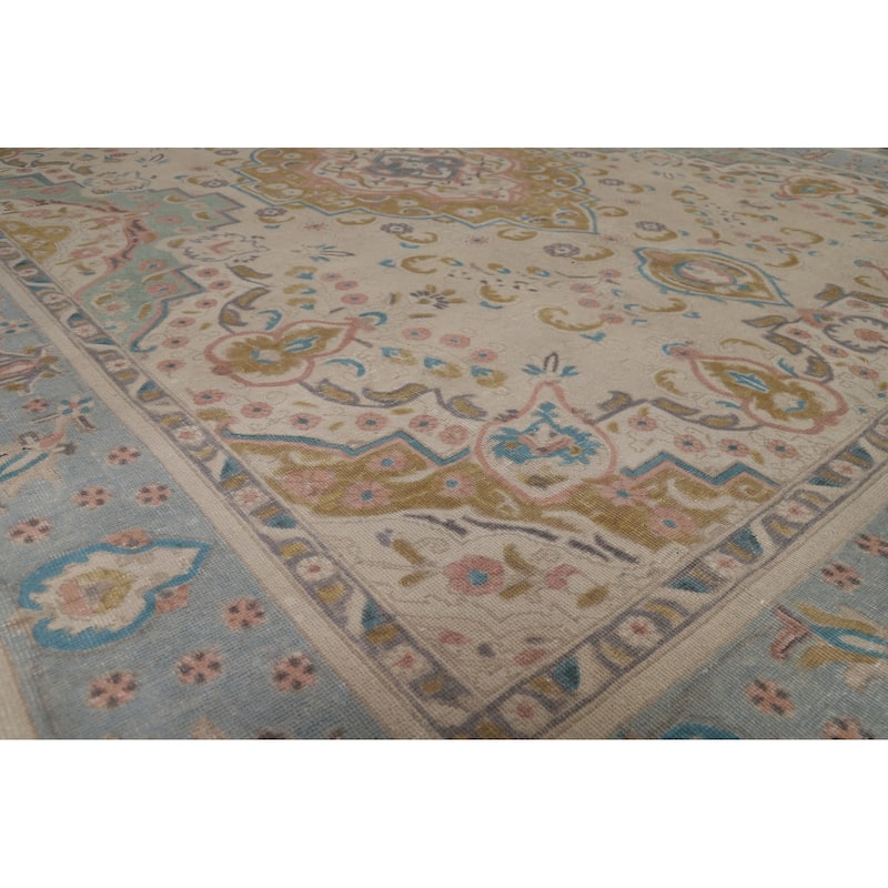 Hand Knotted Oriental 100% Wool Carpet Traditional Floral Beige & Ivories Tabriz Area Rug - 11' 6'' X 9' 7''