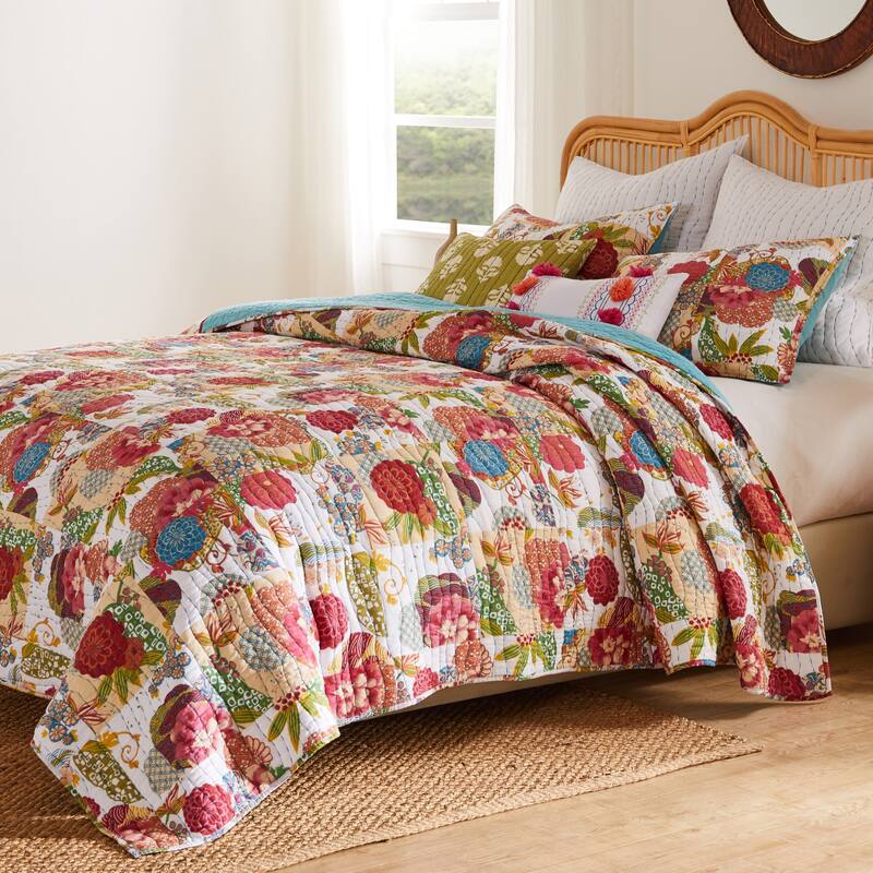 Greenland Home Fashions Jewel 100% Cotton Kantha-Style Boho Floral Quilt Set