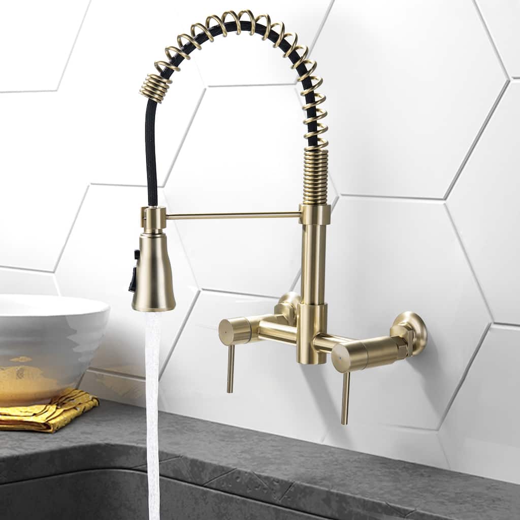 Wall Mounted 3-Way Black/Gold Rotary Kitchen Faucet with Pull Down Sprayer In Stainless Steel