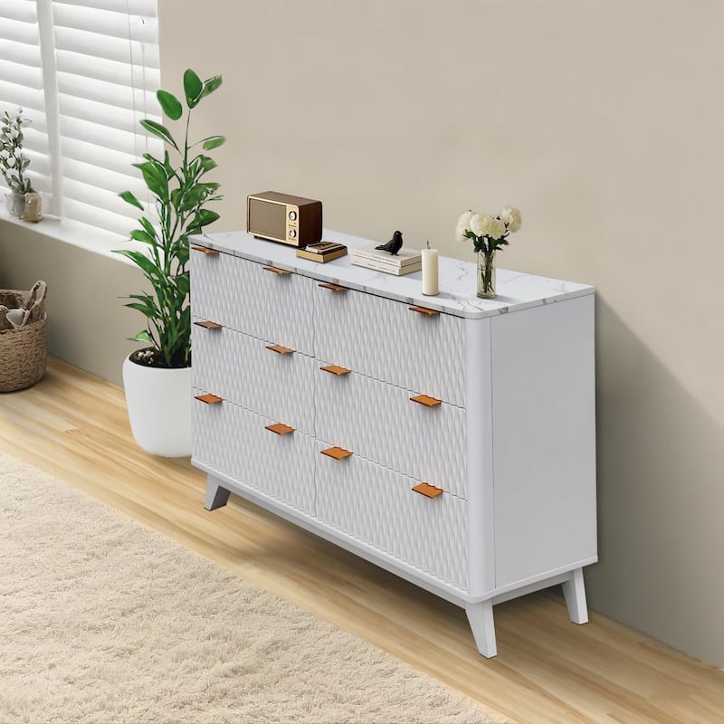 Bedroom Chest of Dresser Wood, 54" Drip Pattern Six-Drawer Chest with Faux Marble Top, Wide Wood Farmhouse Dresser