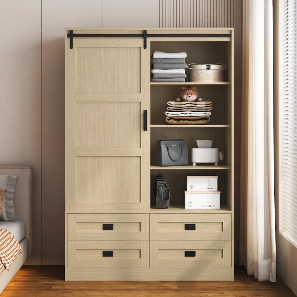 Classic Sliding Barn Door Wardrobe Bedroom Armoire Closet Clothing Storage Cabinet with Hanging Rod, Drawers & Open Shelves