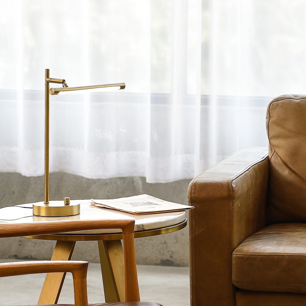 Novogratz x Globe West 15" LED Integrated Desk Lamp, Matte Brass, 200 Lumens, Dimmer Rotary Switch