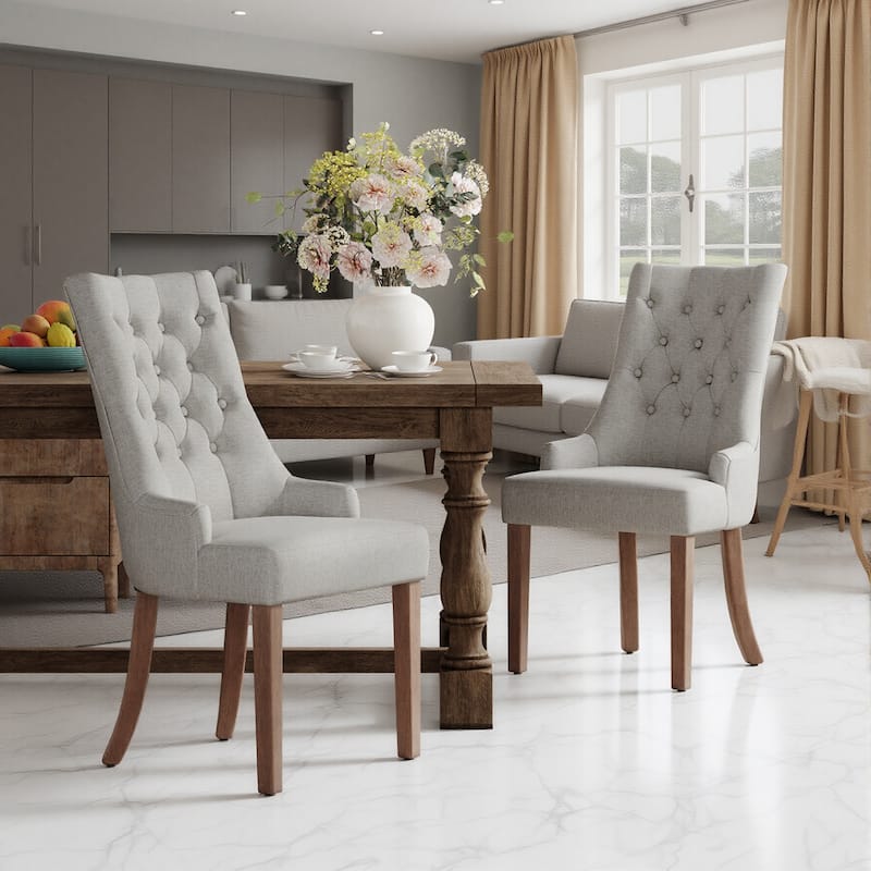 Wingback Upholstered Dining Chairs, Fabric Side with Tufted Button - Set of 2 - LightGrey